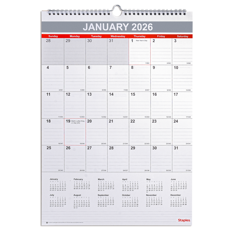 2026 Staples 12" x 17" Monthly Wall Calendar, White/Red/Gay (ST53913-26)