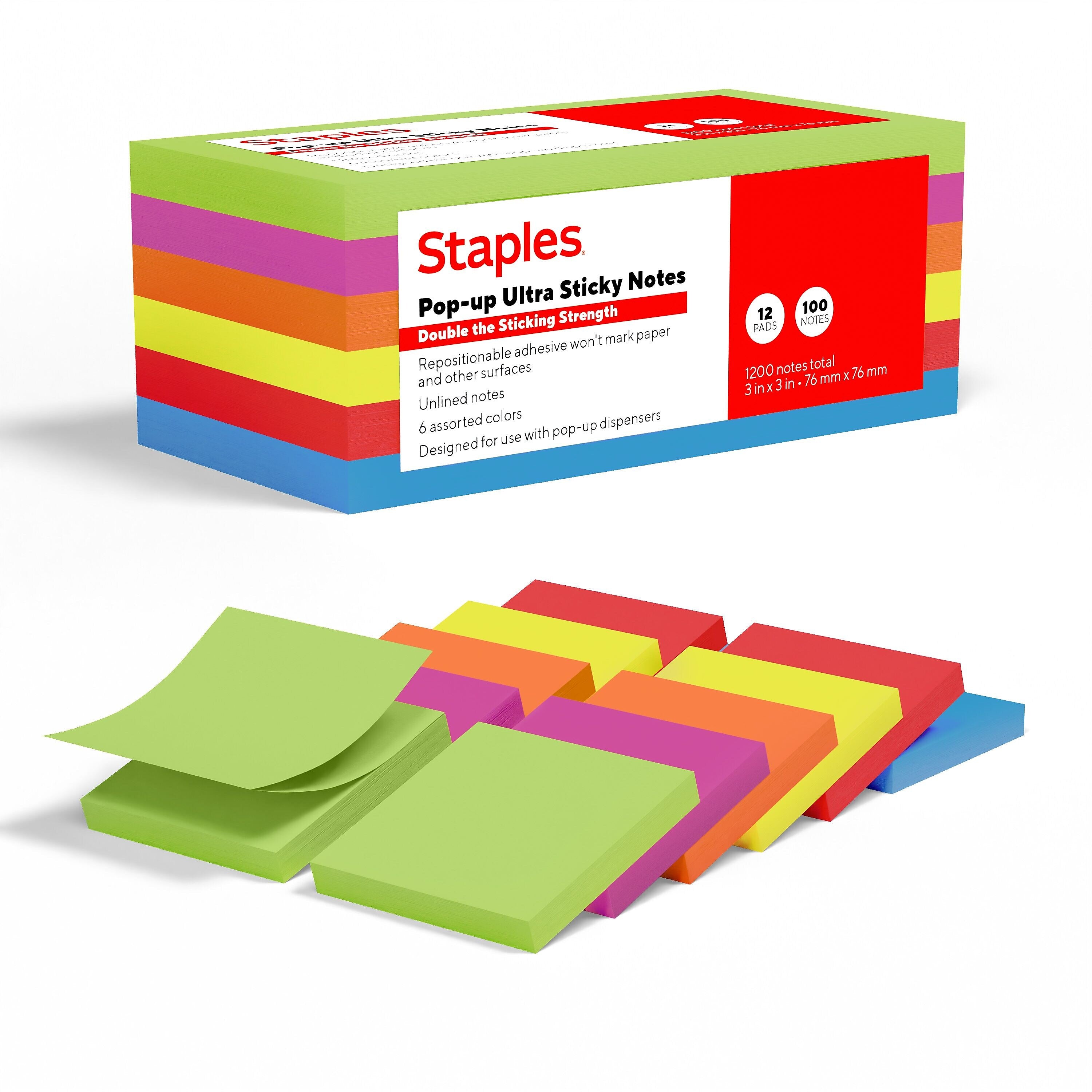 Staples Pop-up Ultra Sticky Notes, 3" x 3", Summer Breeze Collection, 100 Sheets/Pad, 12 Pads/Pack (ST62893)