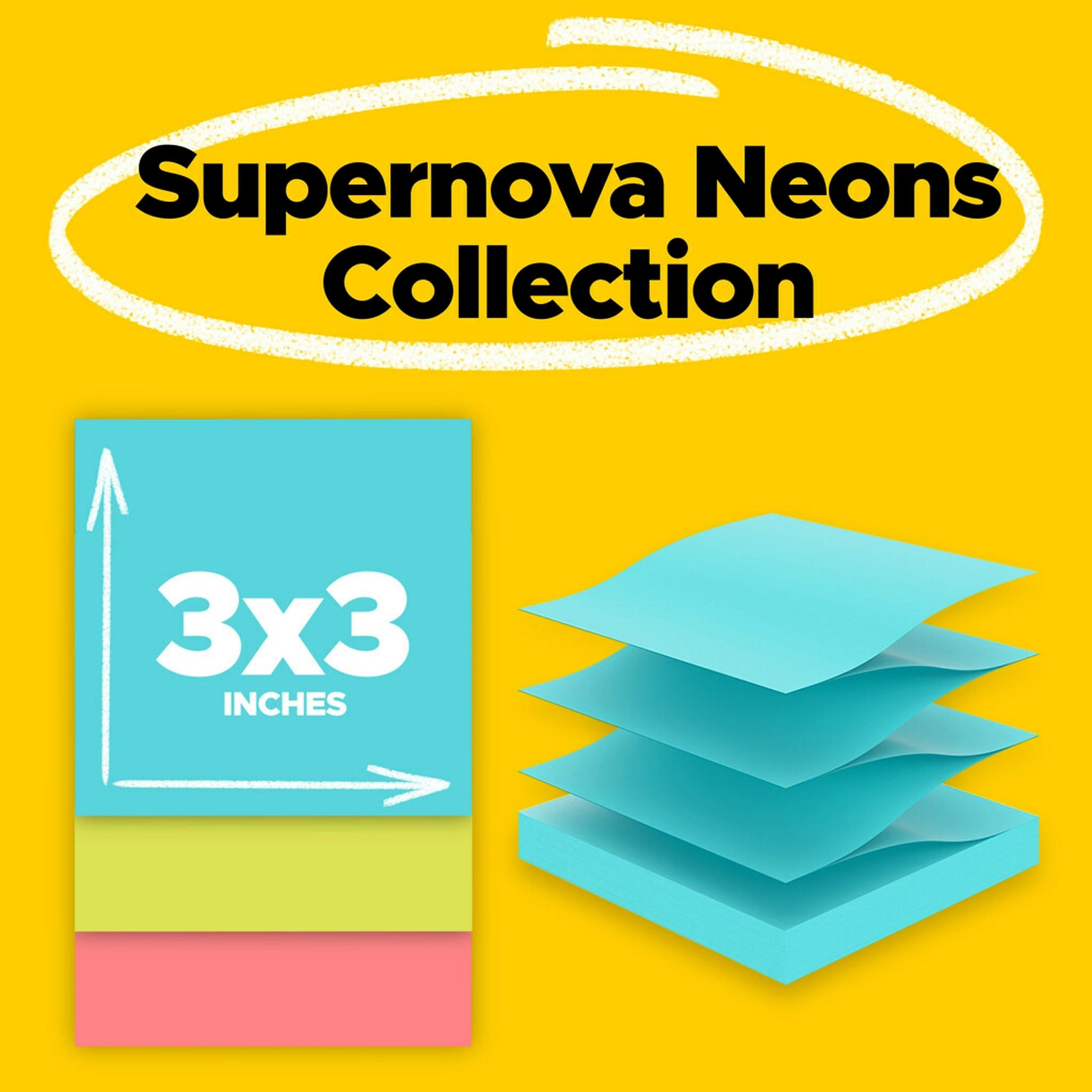 Post-it Super Sticky Pop-up Notes, 3" x 3", Supernova Neons Collection, 90 Sheets/Pad, 18 Pads/Pack (R330-18SSMIACP)