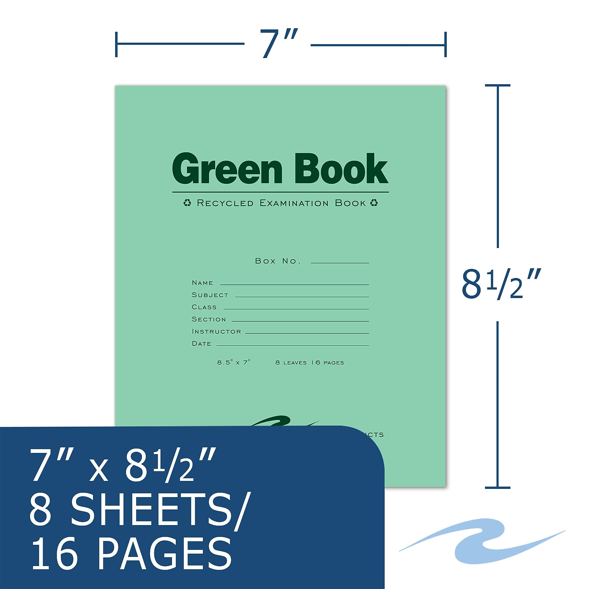 Roaring Spring Paper Products Exam Notebooks, 7" x 8.5", Wide Ruled, 8 Sheets, Green, 600/Case (77508CS)