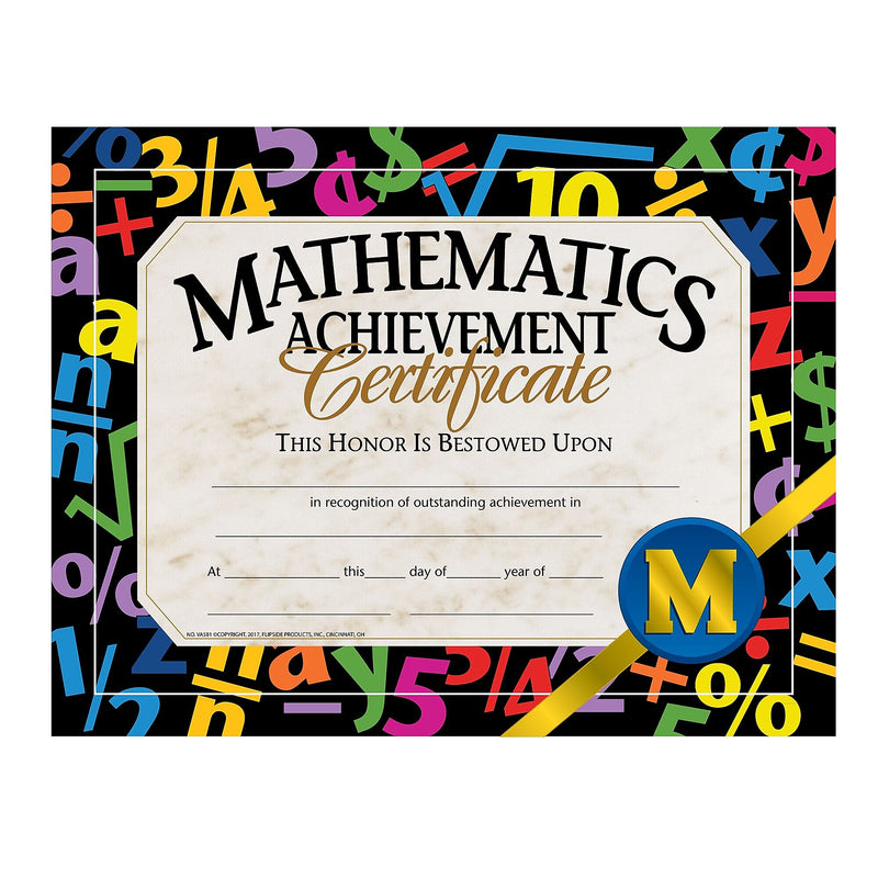 Flipside Mathematics Achievement Certificate, 8.5" x 11", Multicolor, 30/Pack, 5 Packs/Carton (VA581-5)