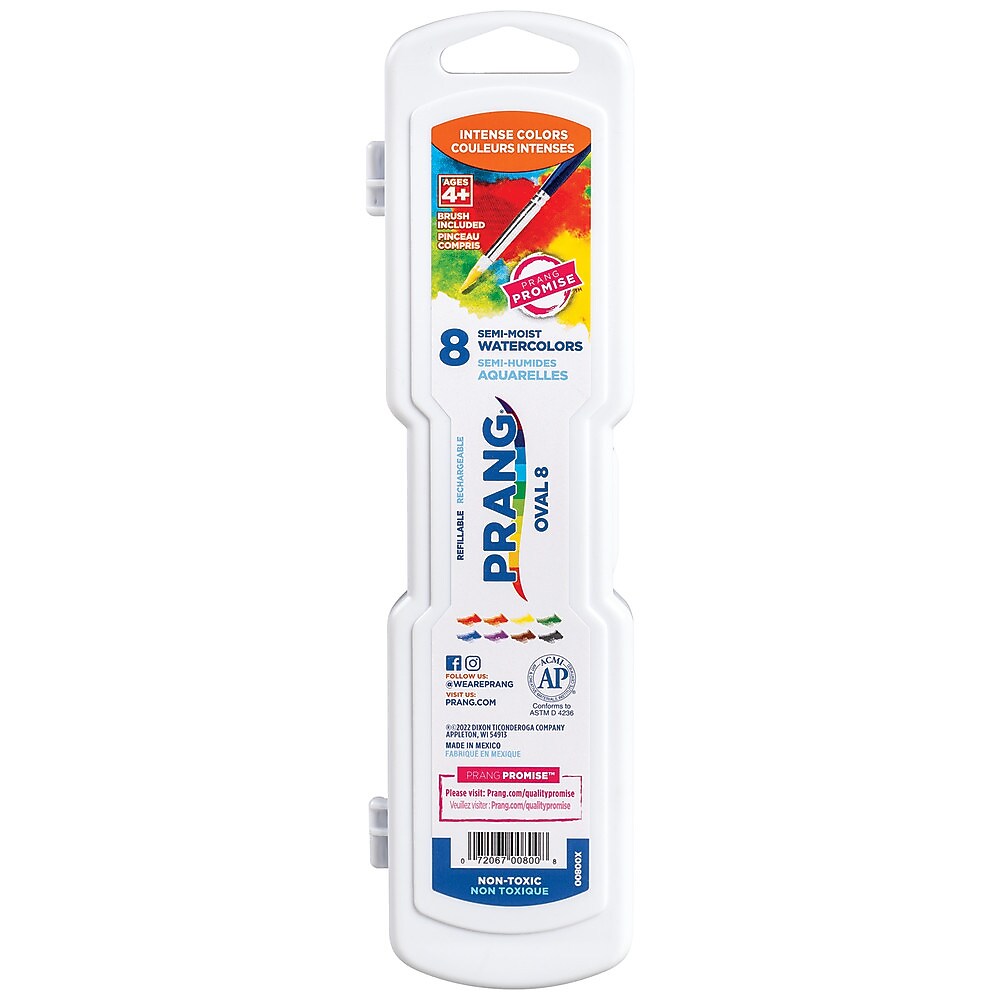 Prang Semi-Moist Washable Watercolor Paint with Brush, Assorted Colors, 8 Colors/Set (X00800)
