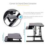 StarTech Adjustable Large Surface Corner Sit Stand Desk Converter for Dual Monitors, Keyboard Tray, 35" x 21" (ARMSTSCORNR)