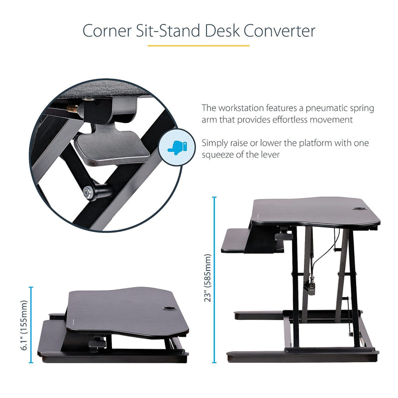 StarTech Adjustable Large Surface Corner Sit Stand Desk Converter for Dual Monitors, Keyboard Tray, 35" x 21" (ARMSTSCORNR)