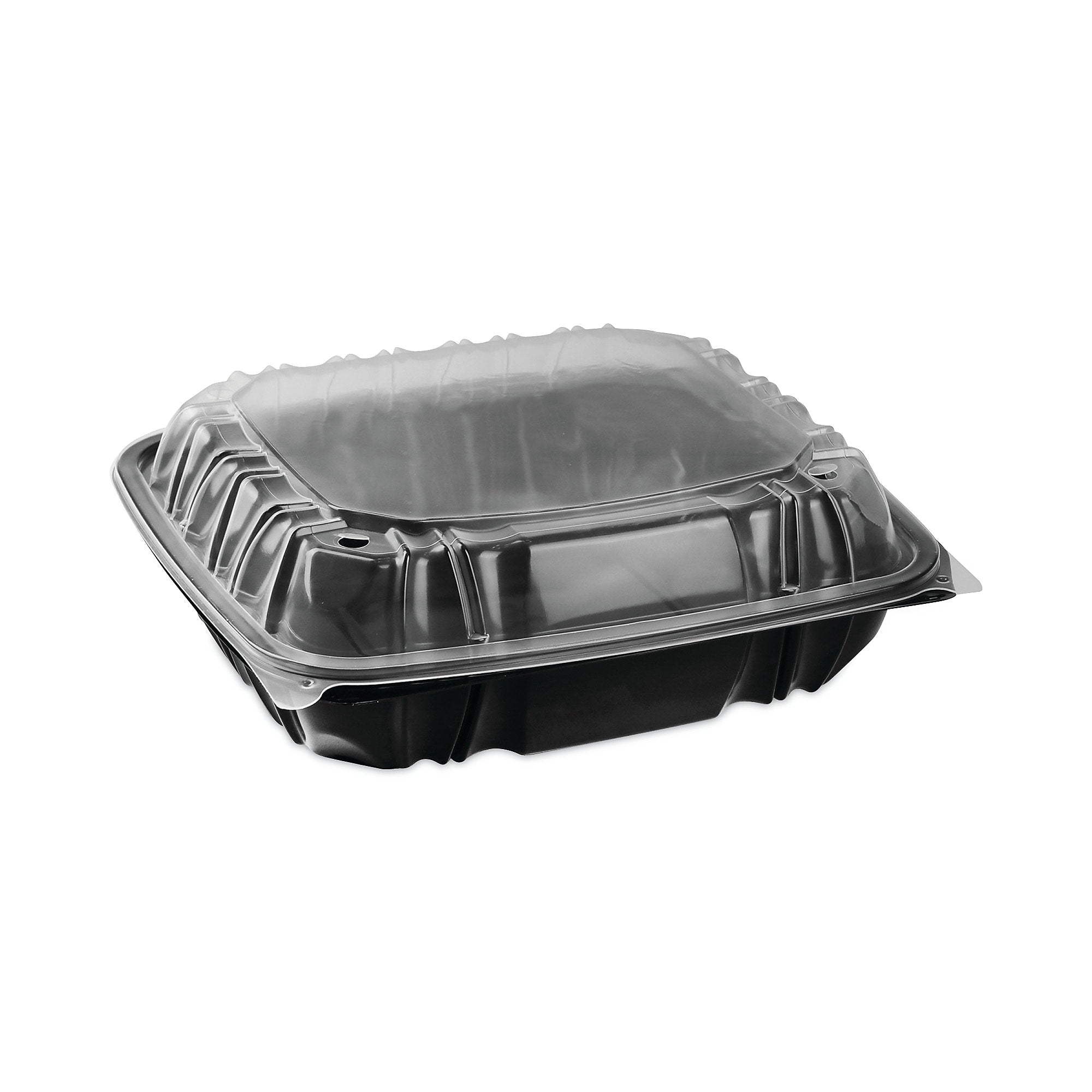 Pactiv Evergreen EarthChoice Vented Dual Color Microwavable Hinged Lid Container, 66oz, Black/Clear, Plastic, 132/CT