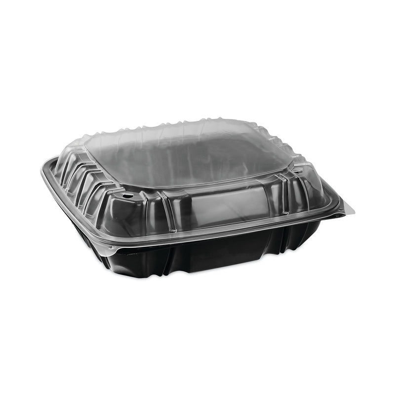 Pactiv Evergreen EarthChoice Vented Dual Color Microwavable Hinged Lid Container, 66oz, Black/Clear, Plastic, 132/CT