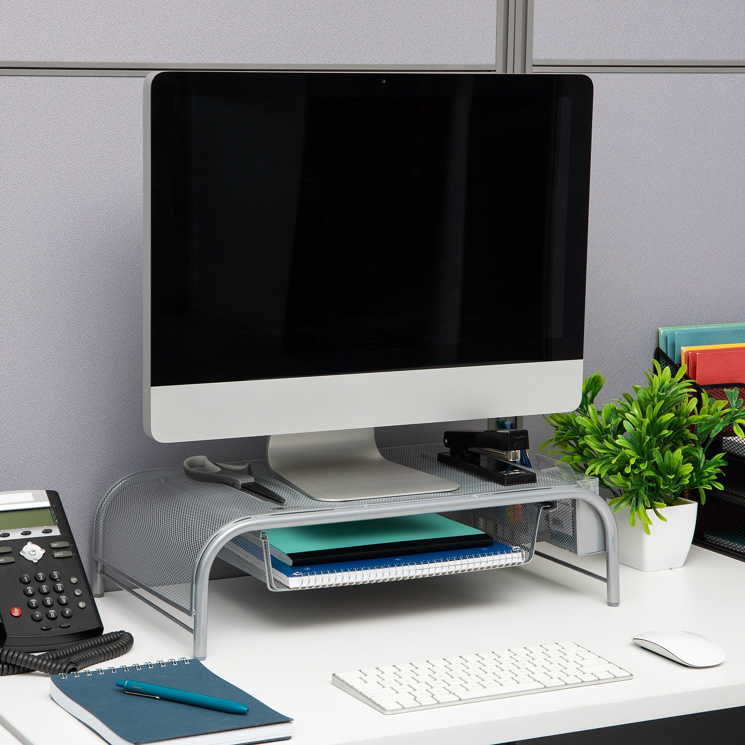 Mind Reader Monitor Stand with Paper Tray, Up to 33 lbs., Metal Mesh, Silver (MESHMONSTA-SIL)