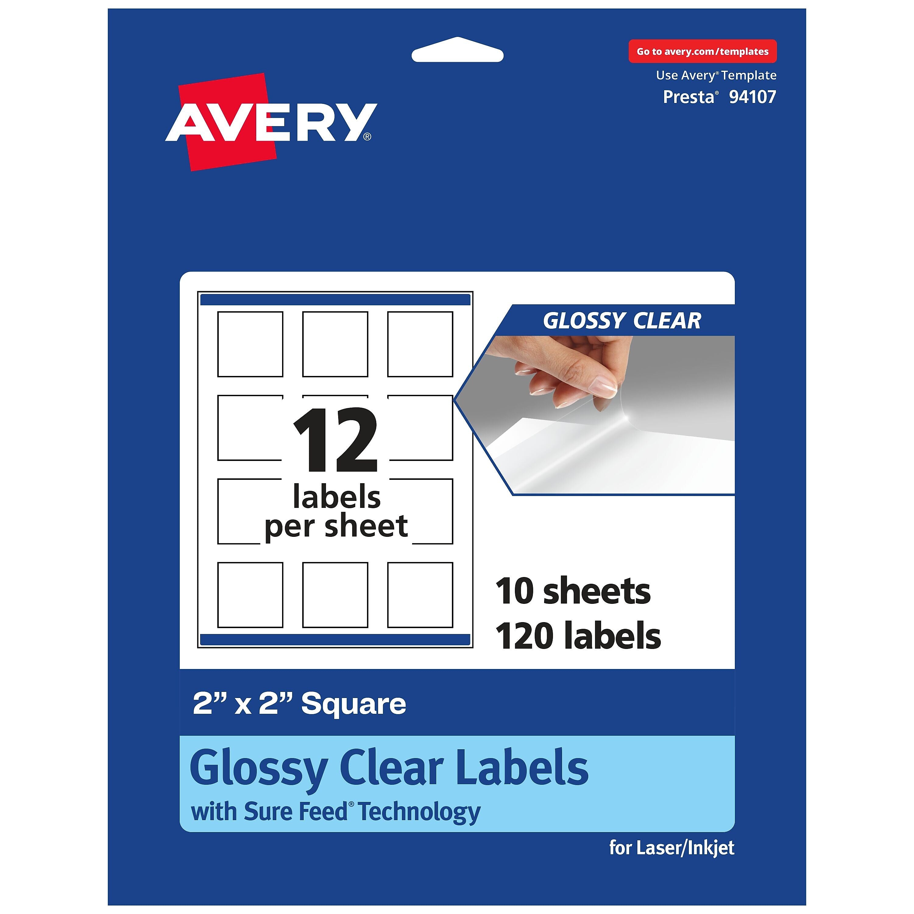 Avery Laser/Inkjet Square Glossy Labels, 2" x 2", Clear, 120 Labels/Pack (94107)