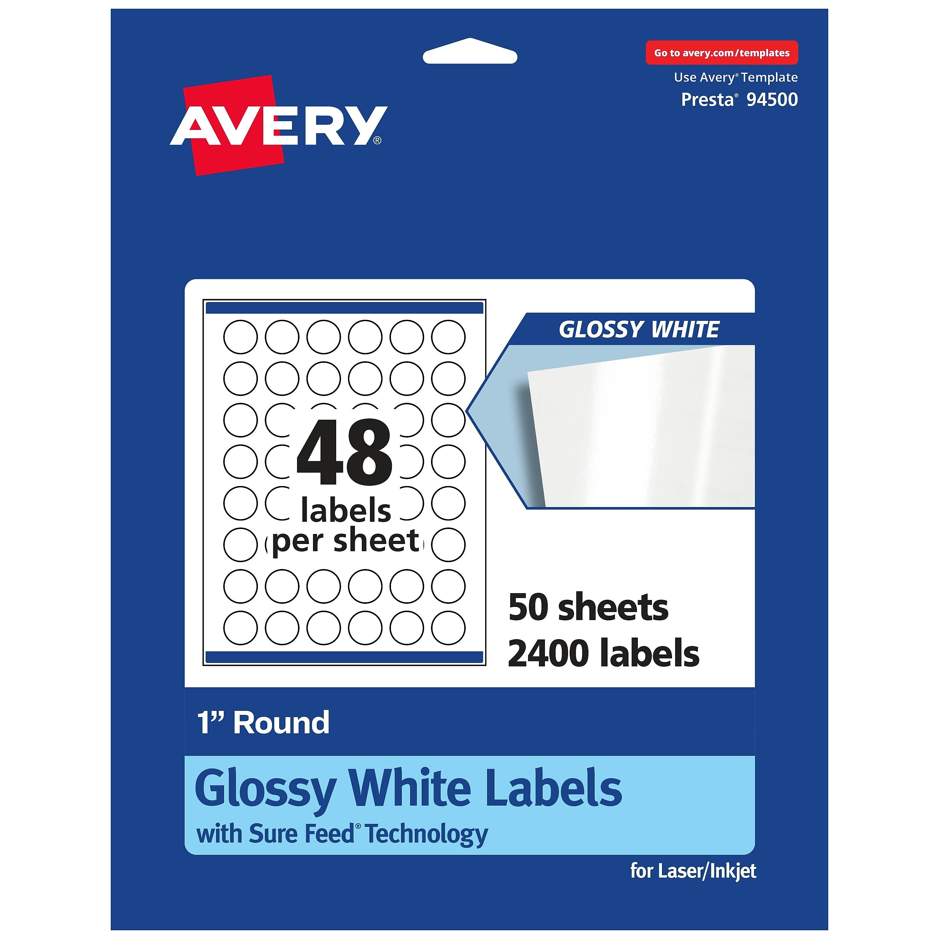 Avery Laser/Inkjet Round Multipurpose Labels, 1" Dia, Glossy White, 2400 Labels/Box (94500)