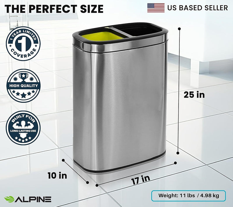 Alpine Industries Stainless Steel Dual Compartment Trash Can with Lid and Liner, 21 Gallon, 2/Pack (ALP470-R-40L-2PK)
