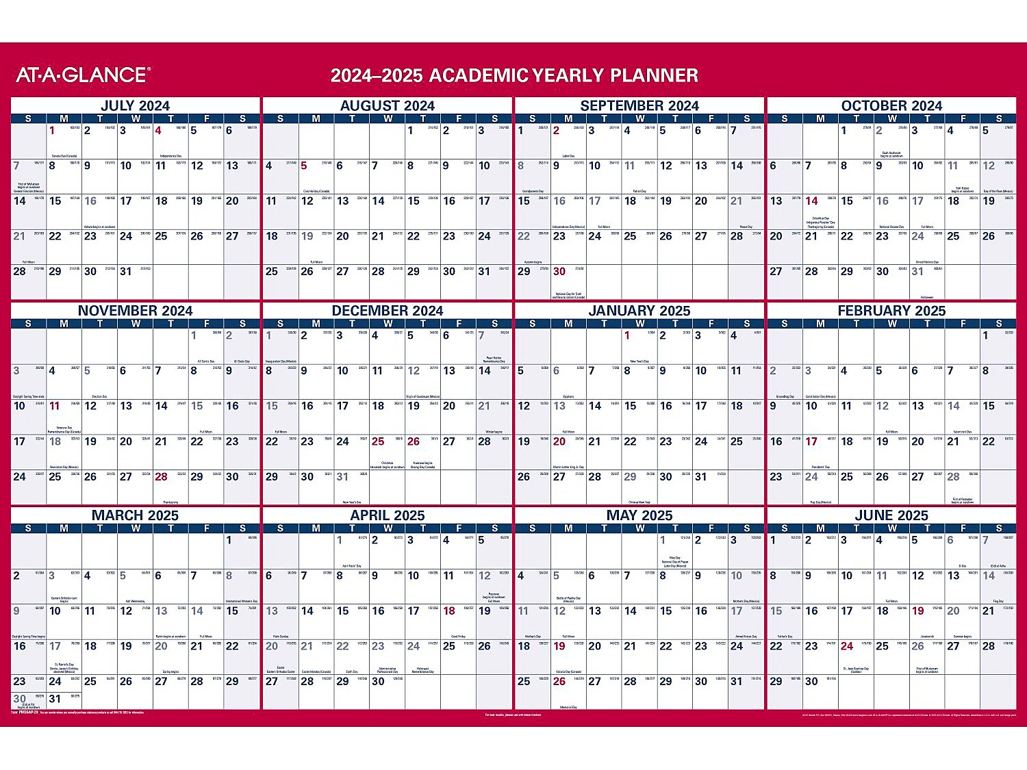 2024-2025 AT-A-GLANCE 48" x 32" Academic Yearly Wet-Erase Wall Calendar, Reversible, White/Red (PM36AP-28-25)