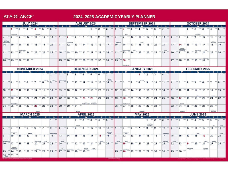 2024-2025 AT-A-GLANCE 48" x 32" Academic Yearly Wet-Erase Wall Calendar, Reversible, White/Red (PM36AP-28-25)