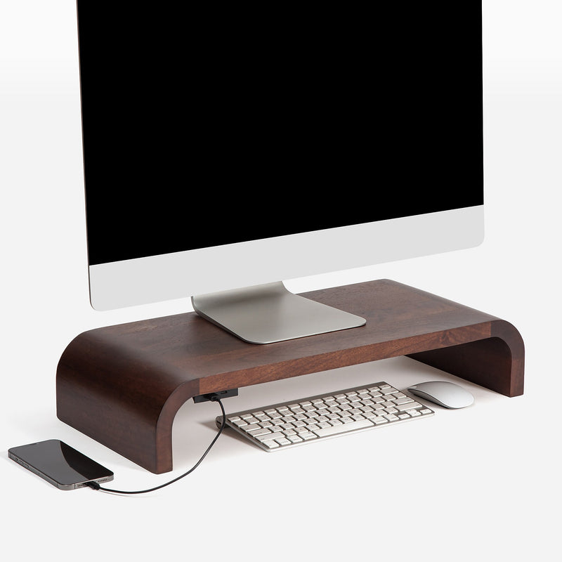 Anji Mountain Mango Wood Monitor Stand with Two USB Ports, Up to 32" Monitor, Walnut (MS-CRV-WAL-P)