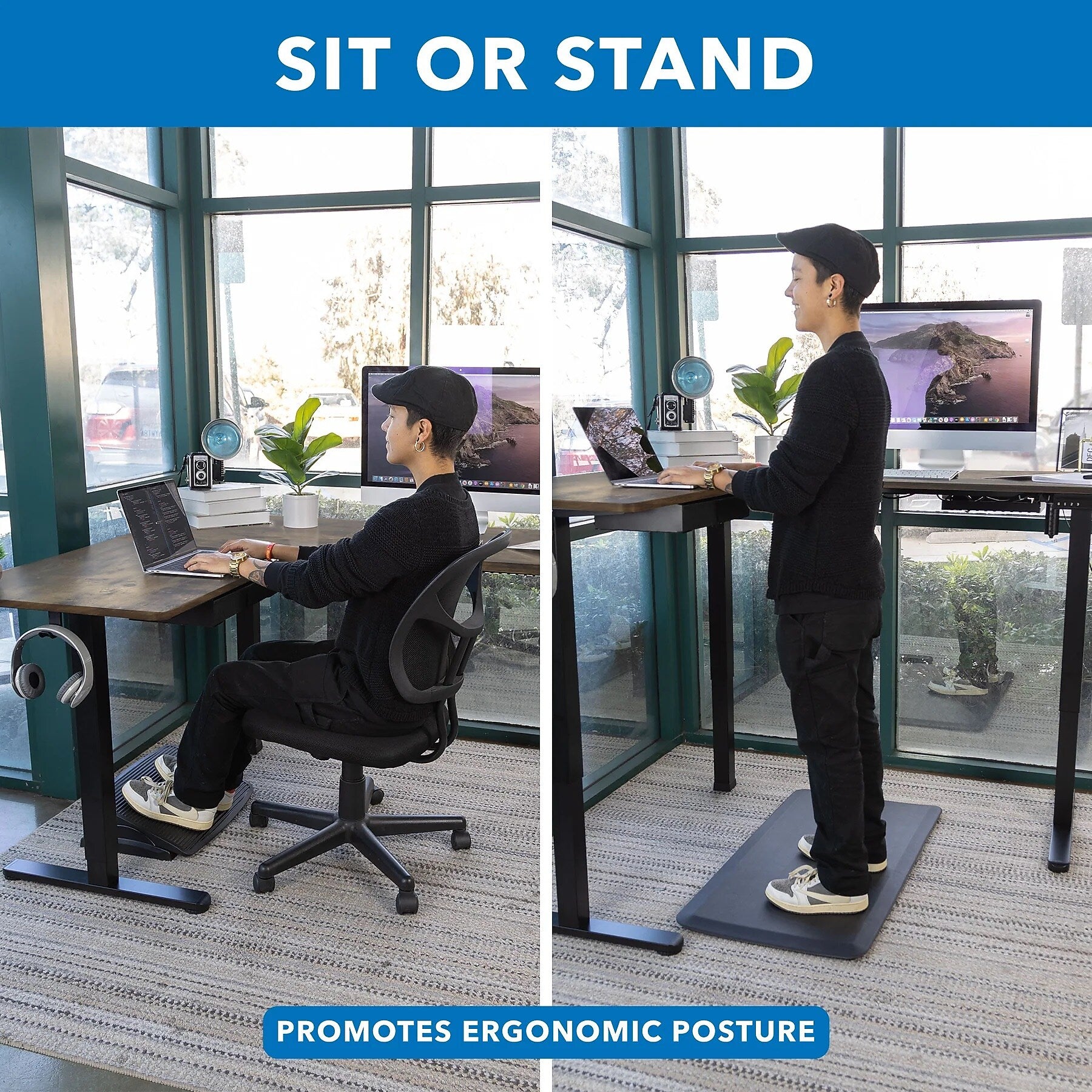 Mount-It! 63"W Electric L-Shaped Corner Adjustable Standing Desk, Rustic Brown/Black (MI-15010)