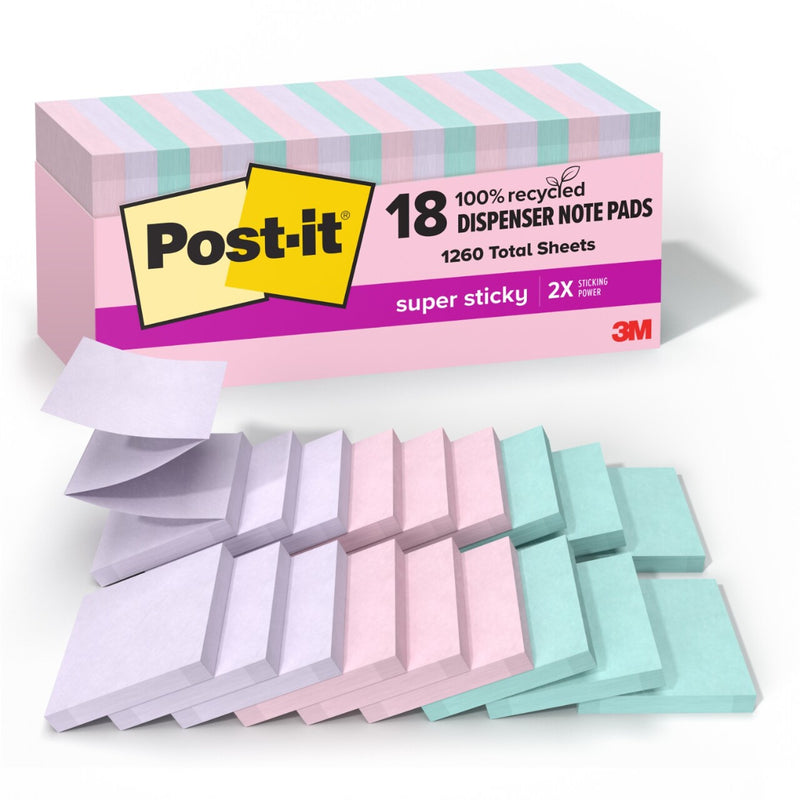 Post-it Recycled Super Sticky Pop-up Notes, 3" x 3", Wanderlust Pastels Collection, 70 Sheets/Pad, 18 Pads/Pack (R330-18SSNRPCP)