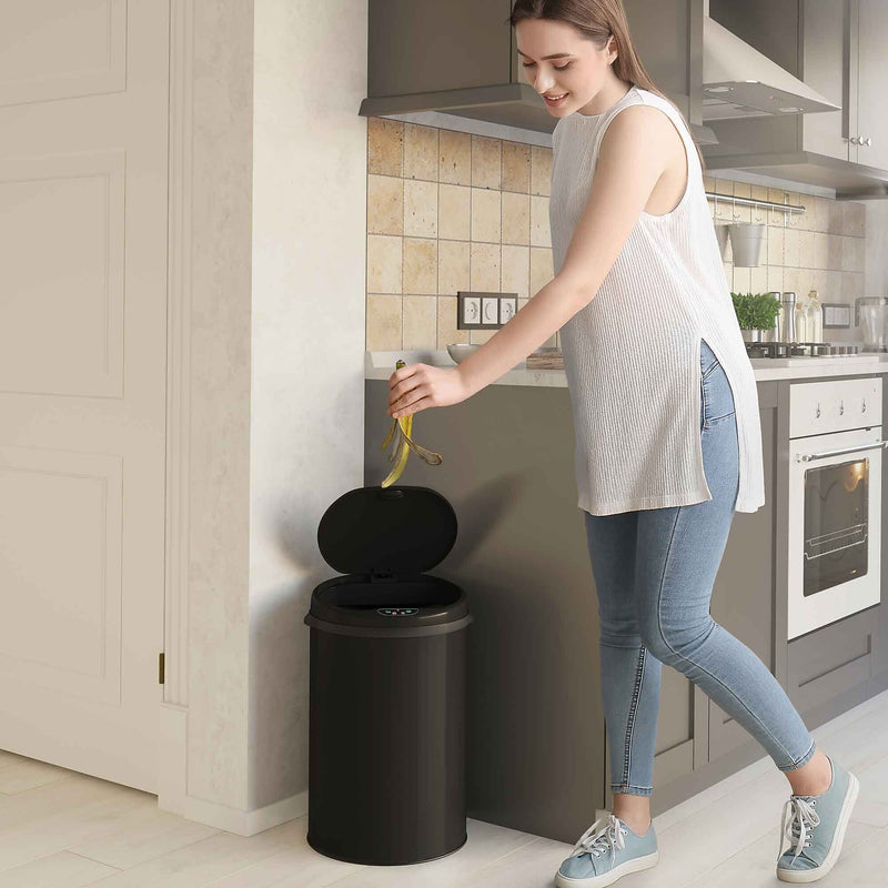 iTouchless Stainless Steel Round Sensor Trash Can with AbsorbX Odor Control System, 8 Gallon, Black (MT08RB)