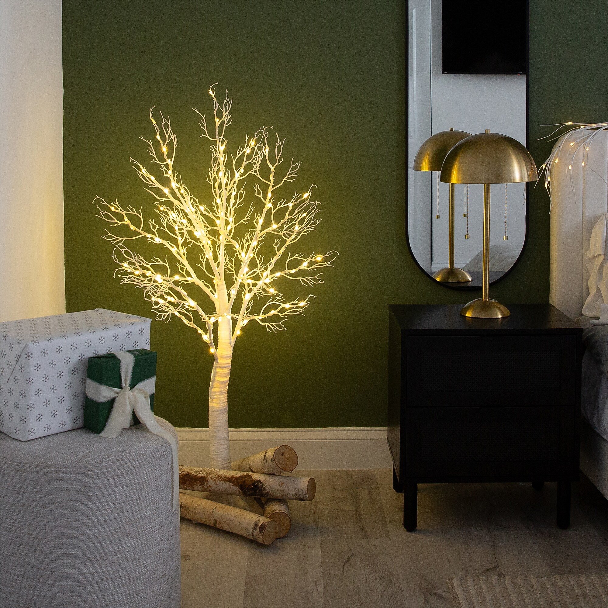 Nearly Natural 4-ft Pre-Lit Artificial White Twig Tree with 160 Warm White LED Lights (T4924)
