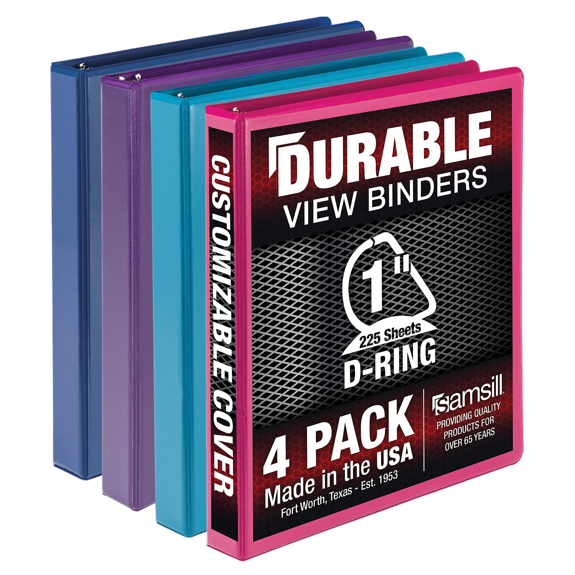 Samsill Durable 1" View Binders, D-Ring, Made in USA,  Assorted Fashion Colors, 4/Pack (MP46439)