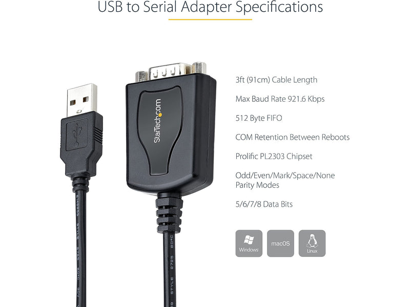 StarTech 3' USB-A to RS-232 Serial Adapter Cable, Male to Male, Black, Prolific Chip, COM Retention (1P3FPC-USB-SERIAL)
