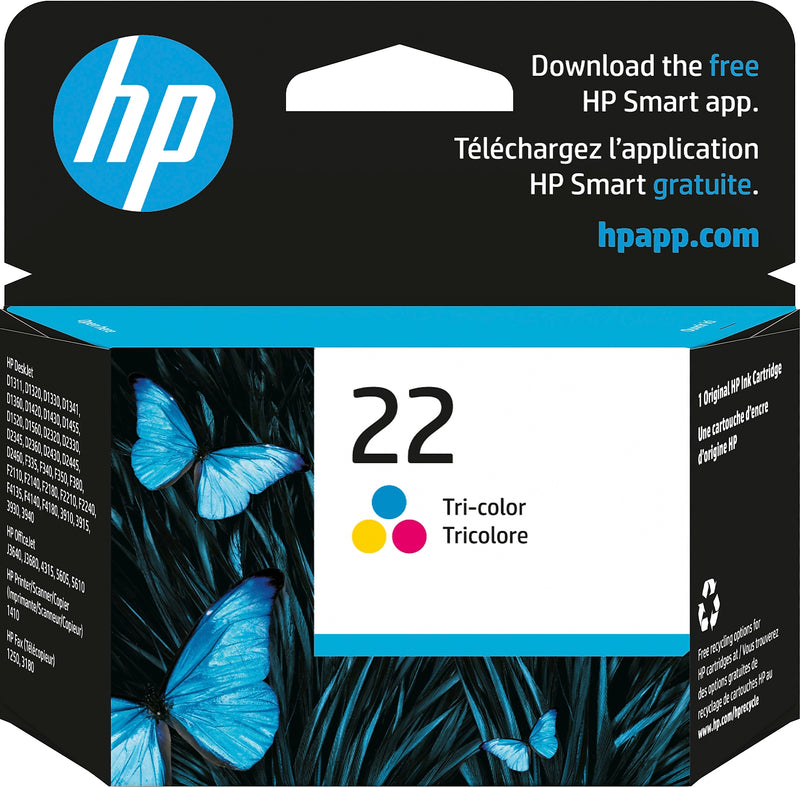 HP 22 Tri-Color Standard Yield Ink Cartridge, Prints Up to 165 Pages (C9352AN#140)