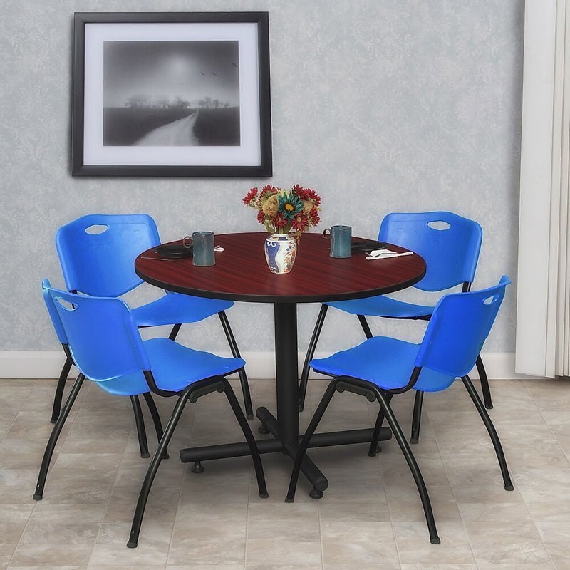 Regency 42-inch Round Laminate Mahogany Training Rooms Table With 4 M Stacker Chairs, Blue (TKB42RNDMH47BE)