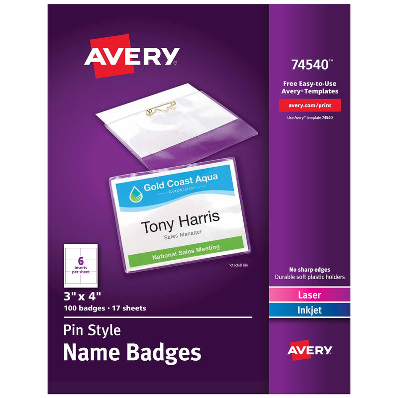 Avery Pin Style Laser/Inkjet Name Badge Kit, 3" x 4", Clear Holders with White Inserts, 100/Box (74540)