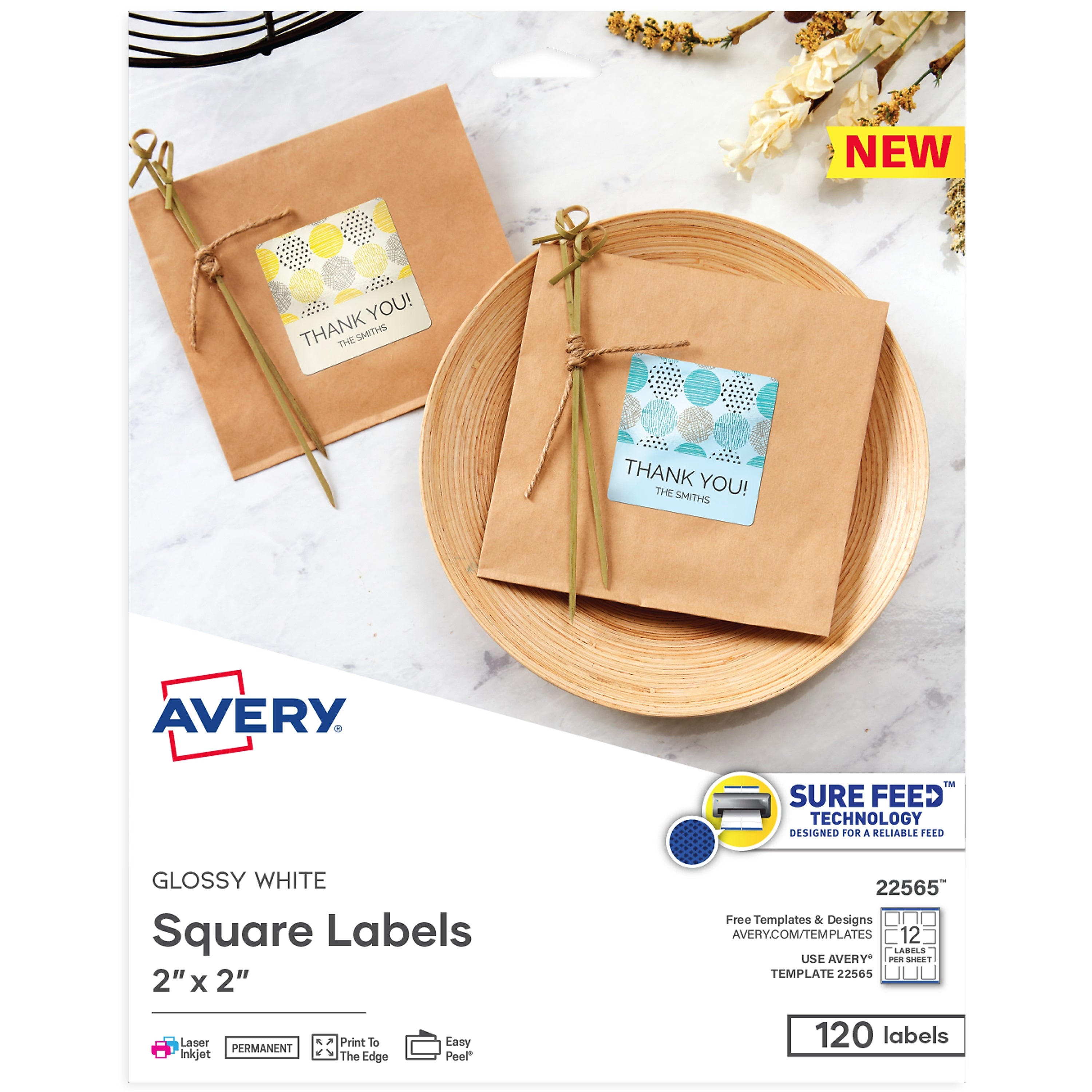 Avery Print-to-the-Edge Laser/Inkjet Square Labels, 2" x 2", Glossy White, 120 Labels/Pack (22565)