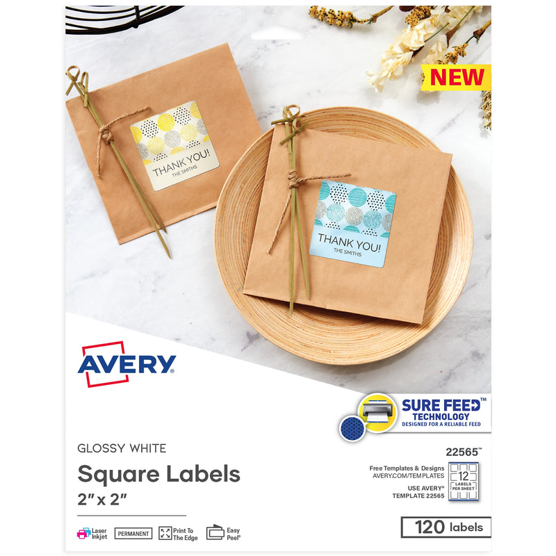 Avery Print-to-the-Edge Laser/Inkjet Square Labels, 2" x 2", Glossy White, 120 Labels/Pack (22565)