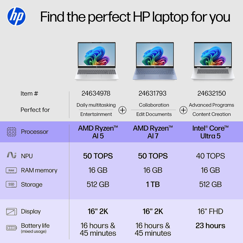 HP OmniBook 5 16" 2K Laptop, Copilot+ PC, AMD Ryzen AI 5 340, 16GB RAM, 512GB SSD, +16.75 Hour Battery, Windows 11 Home