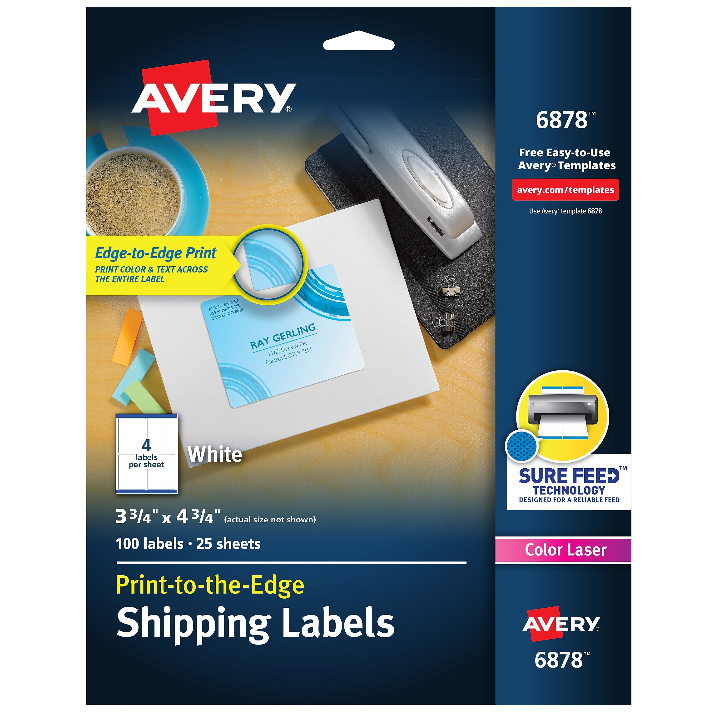 Avery Print-to-the-Edge Color Laser Shipping Labels, 3-3/4" x 4-3/4", White, 100 Labels/Pack (6878)