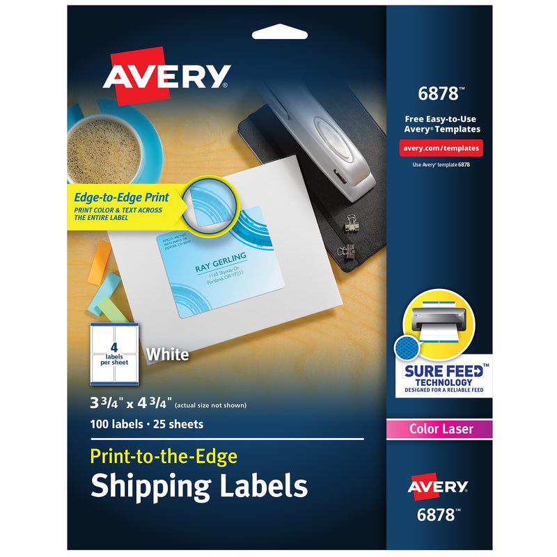 Avery Print-to-the-Edge Color Laser Shipping Labels, 3-3/4" x 4-3/4", White, 100 Labels/Pack (6878)