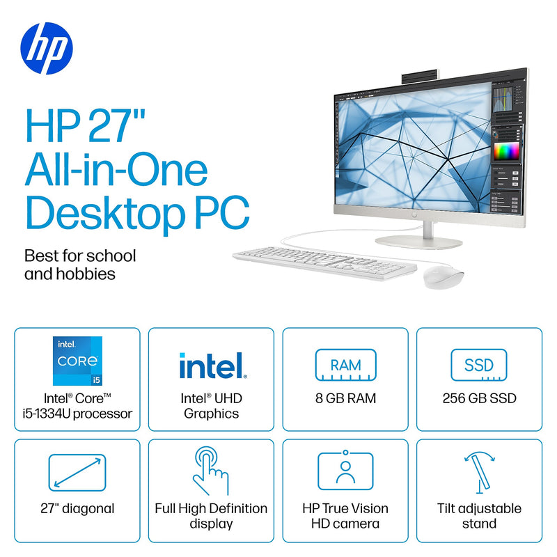 HP 27" All-in-One Desktop Computer, Intel Core  i5-1334U, 8GB RAM, 256GB SSD, Windows 11 Home