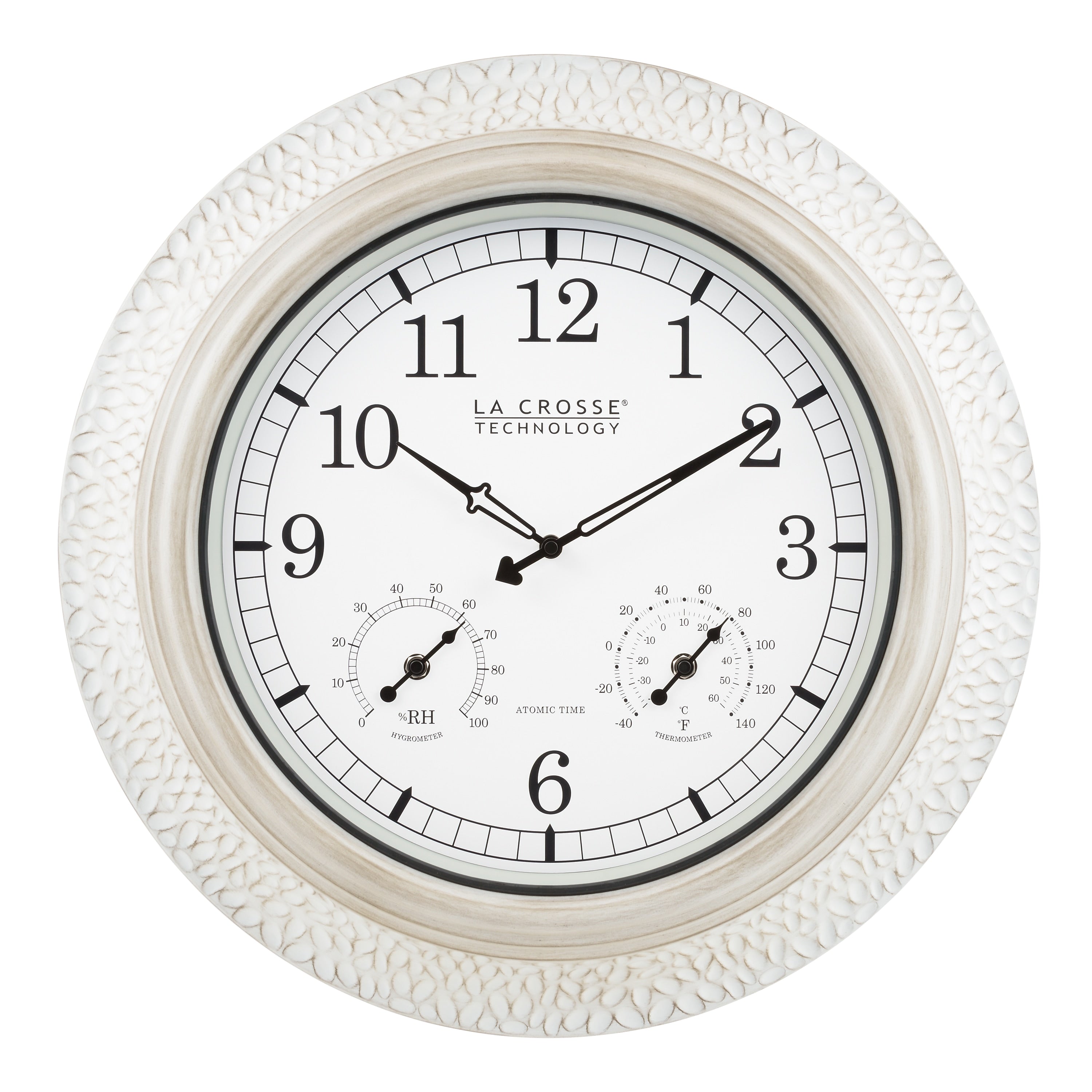 La Crosse Technology 21" Indoor/Outdoor Atomic Analog White-Washed Hammered Metal Wall Clock