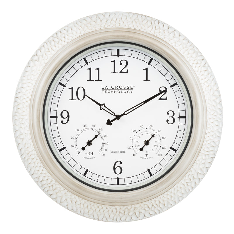 La Crosse Technology 21" Indoor/Outdoor Atomic Analog White-Washed Hammered Metal Wall Clock