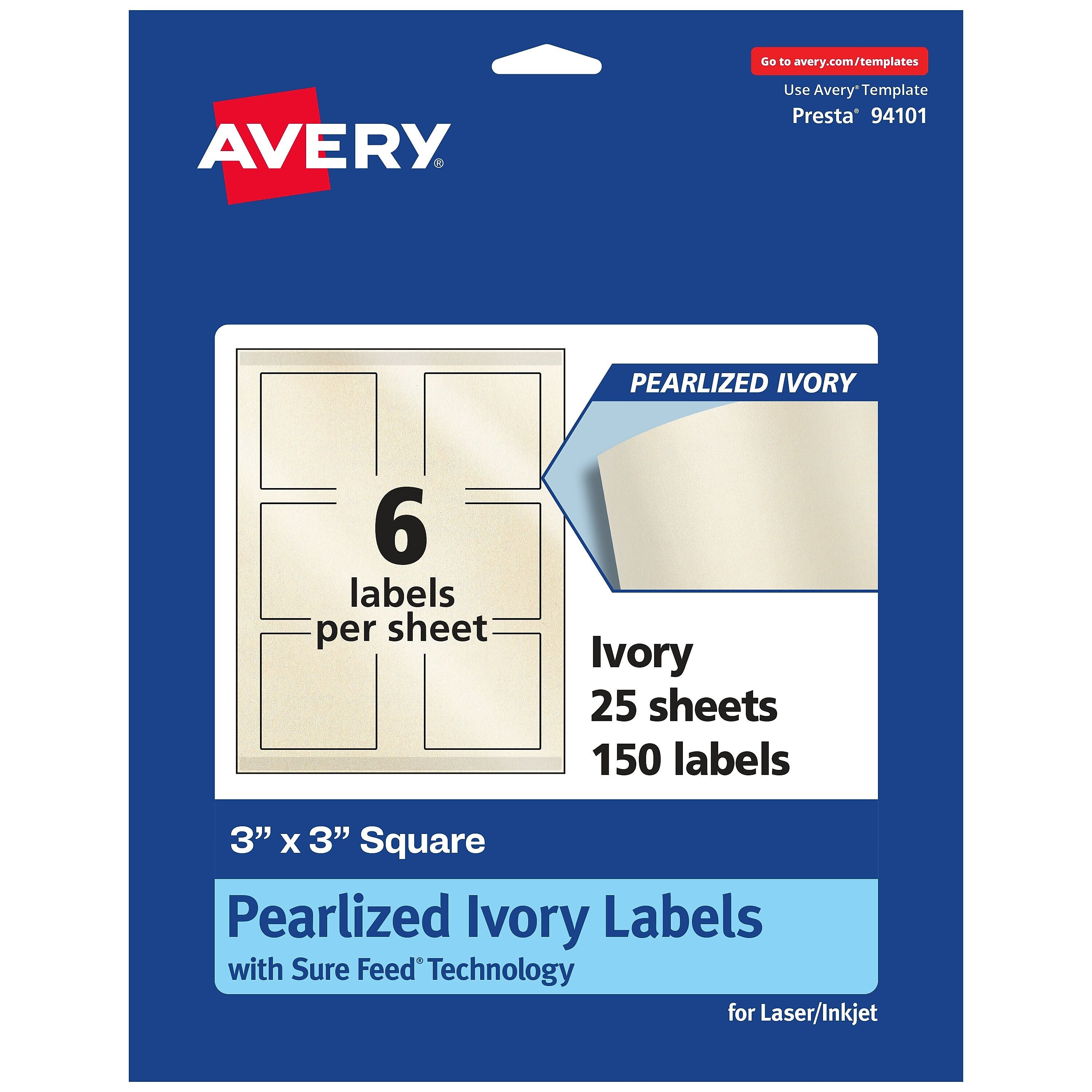 Avery Laser/Inkjet Square Pearlized Labels, 3" x 3", Ivory, 150 Labels/Pack (94101)