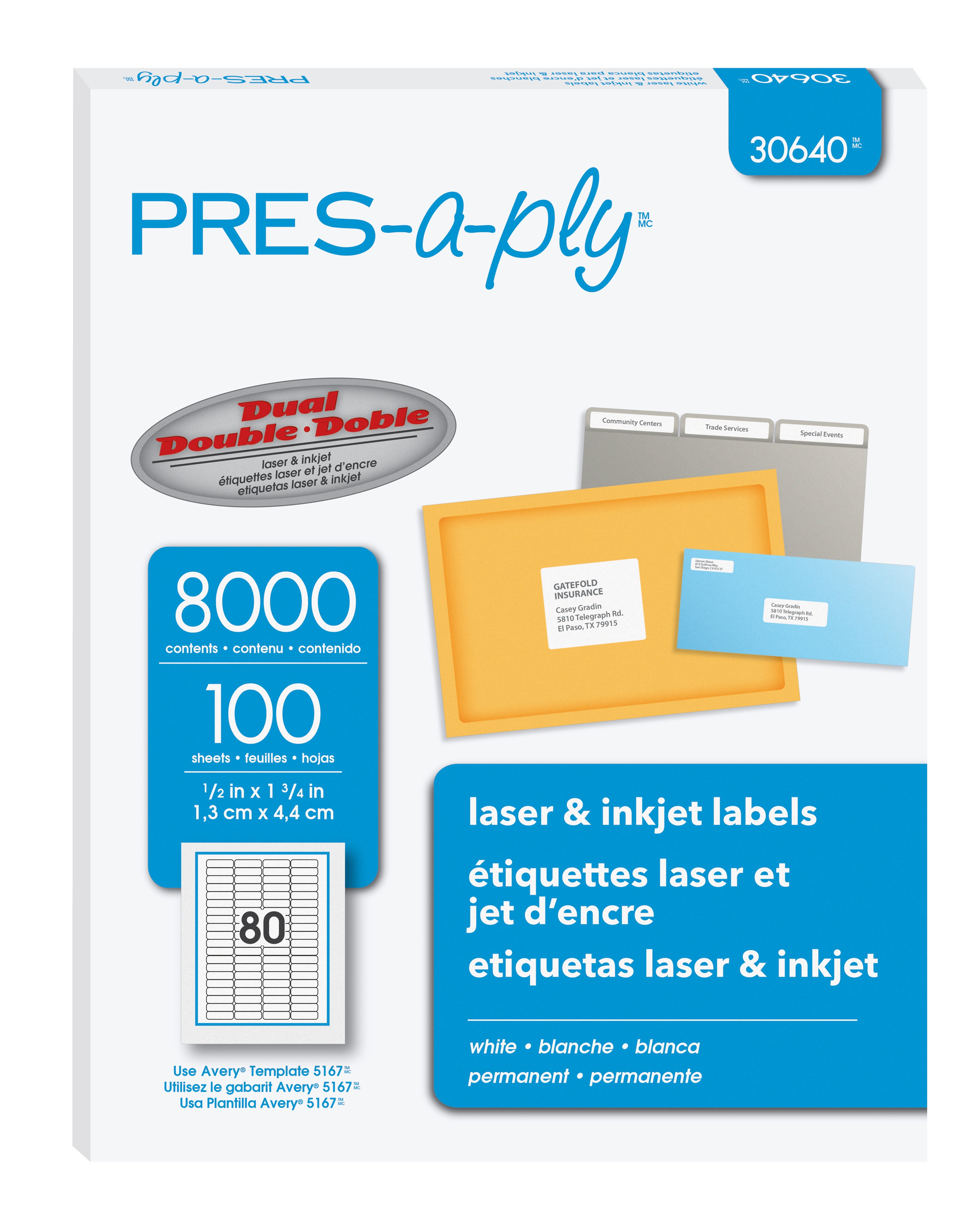 PRES-a-ply Laser/Inkjet Return Address Labels, 1/2" x 1-3/4", White, 80 Labels/Sheet, 100 Sheets/Pack (30640)