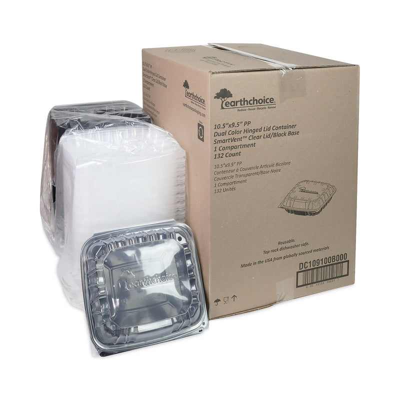 Pactiv Evergreen EarthChoice Vented Dual Color Microwavable Hinged Lid Container, 66oz, Black/Clear, Plastic, 132/CT