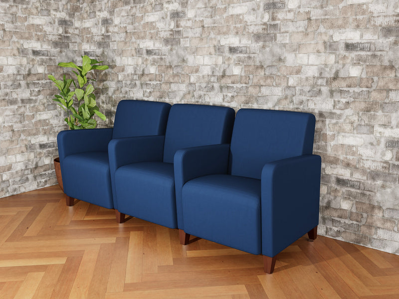 Lesro Ravenna Vinyl 3-Seat Lounge Reception Tandem Seating, Patriot Plus Imperial Blue/Walnut Wood (RV3103.FWL-01PPIB)