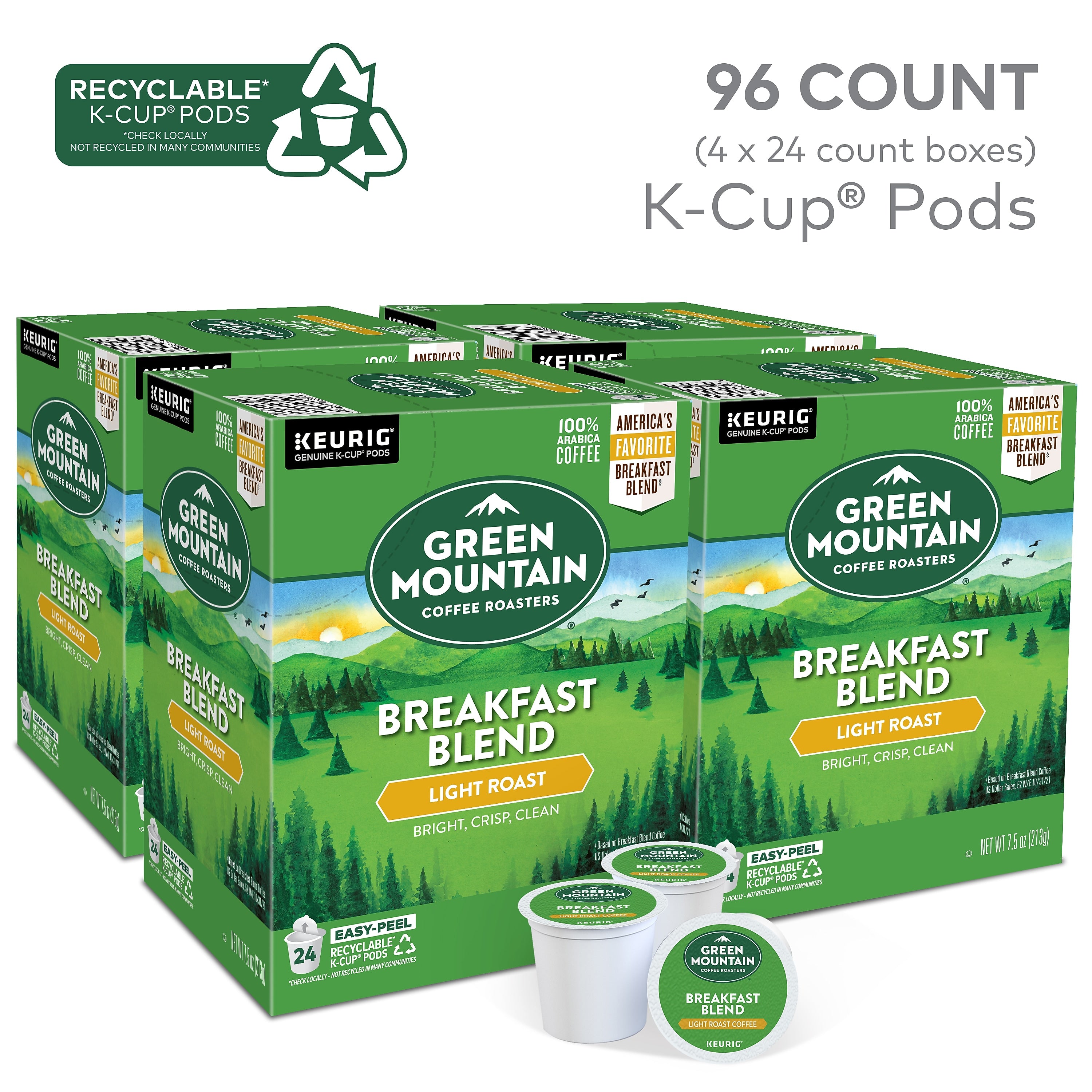 Green Mountain Breakfast Blend Coffee Keurig® K-Cup® Pods, Light Roast, 96/Carton (6520)