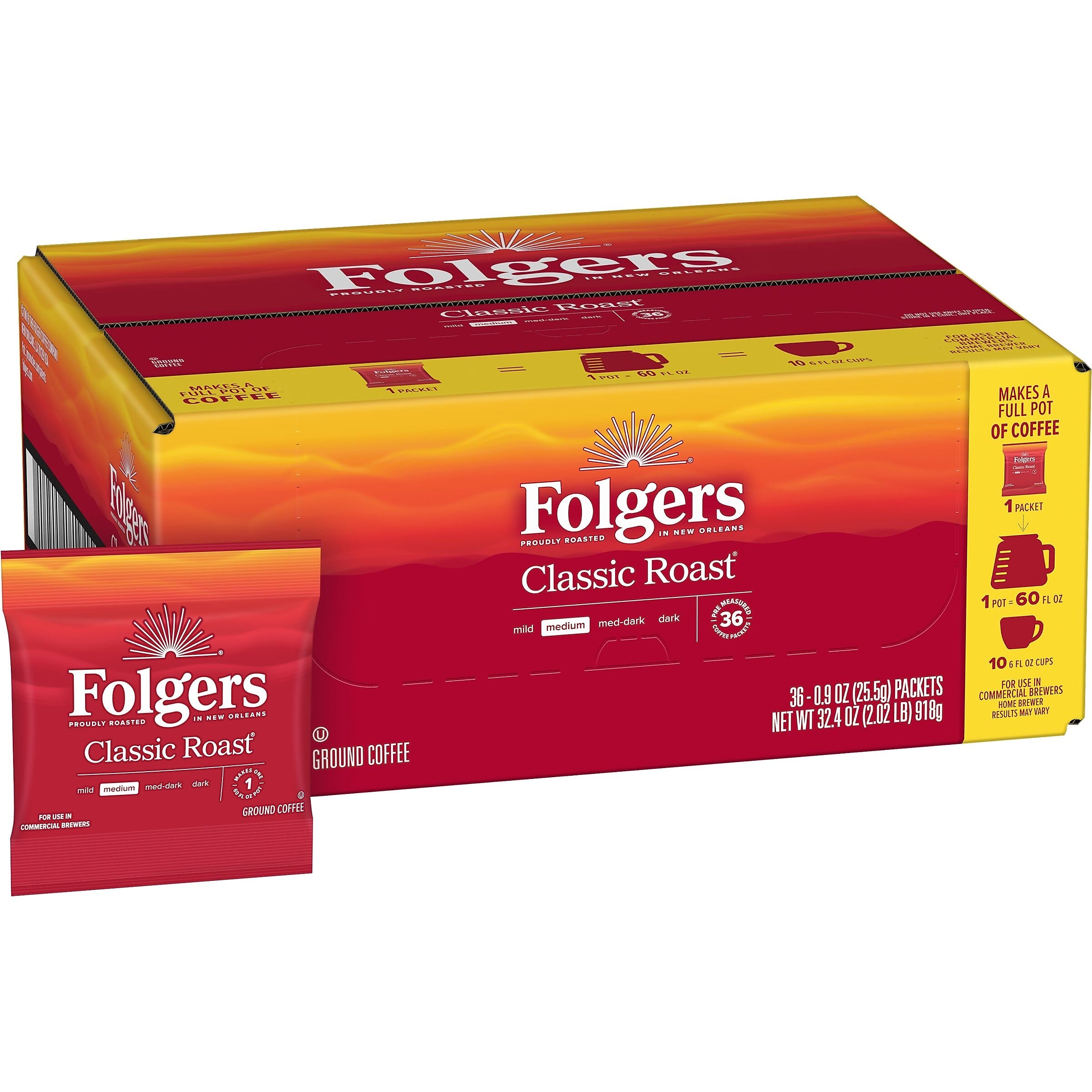 Folgers Classic Roast Ground Coffee Fraction Pack, Medium Roast, 0.9 oz., 36/Carton (SMU06125)