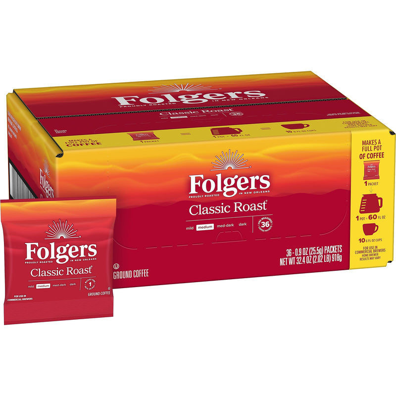 Folgers Classic Roast Ground Coffee Fraction Pack, Medium Roast, 0.9 oz., 36/Carton (SMU06125)