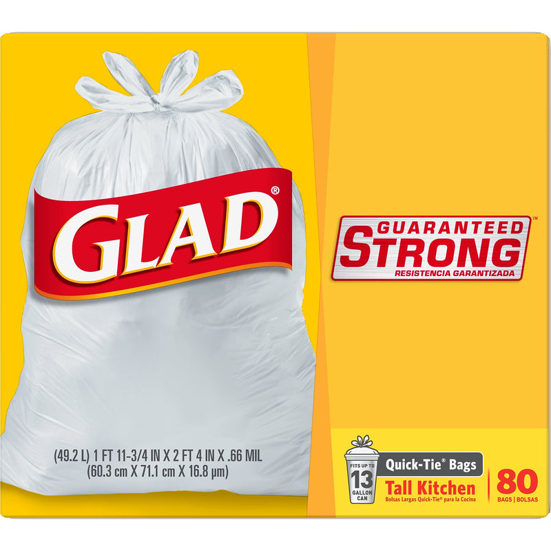 Glad Quick-Tie Tall 13 Gallon Kitchen Trash Bags, 80/Box (60034)