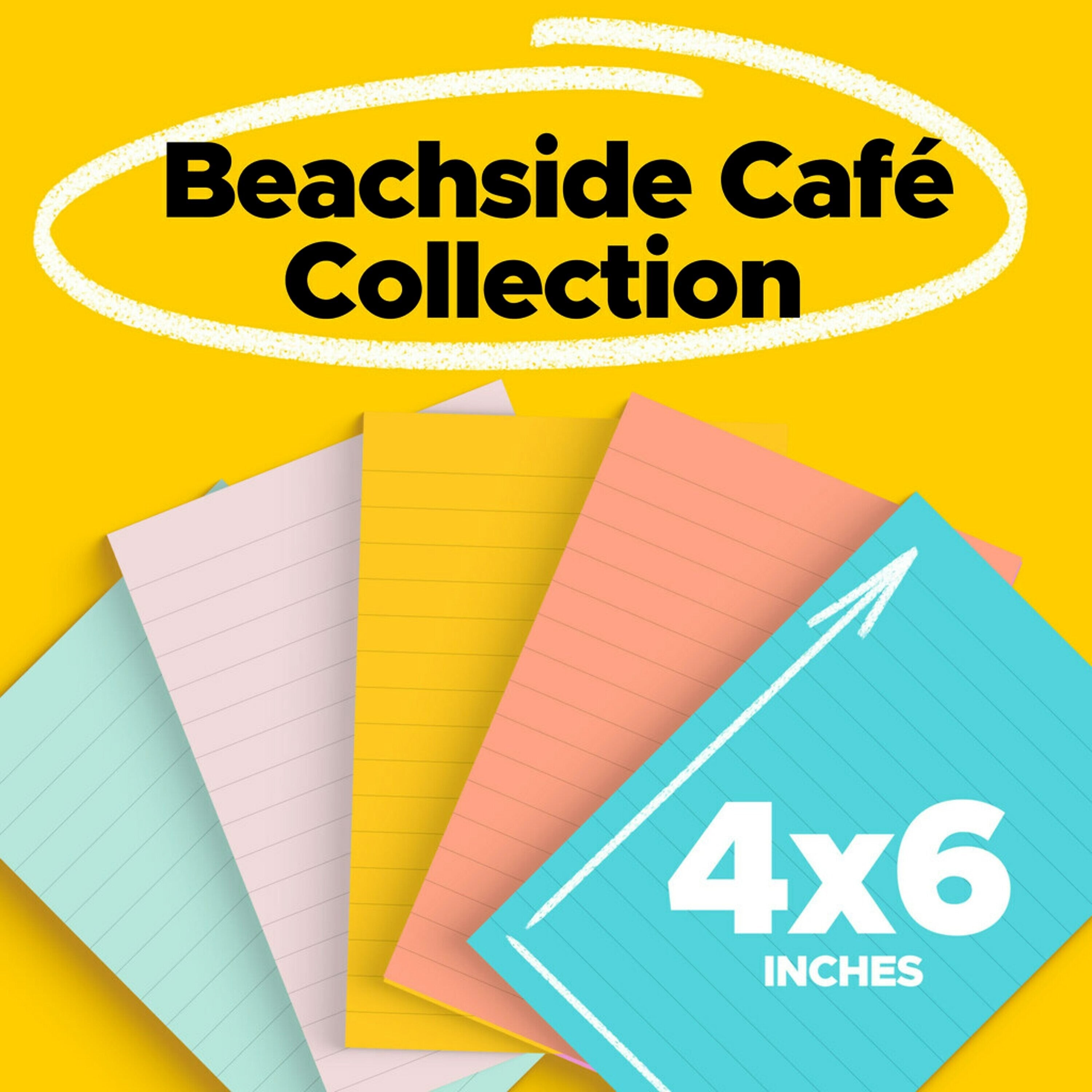 Post-it Notes, 4" x 6", Beachside Café Collection, Lined, 100 Sheet/Pad, 5 Pads/Pack (6605PKAST)