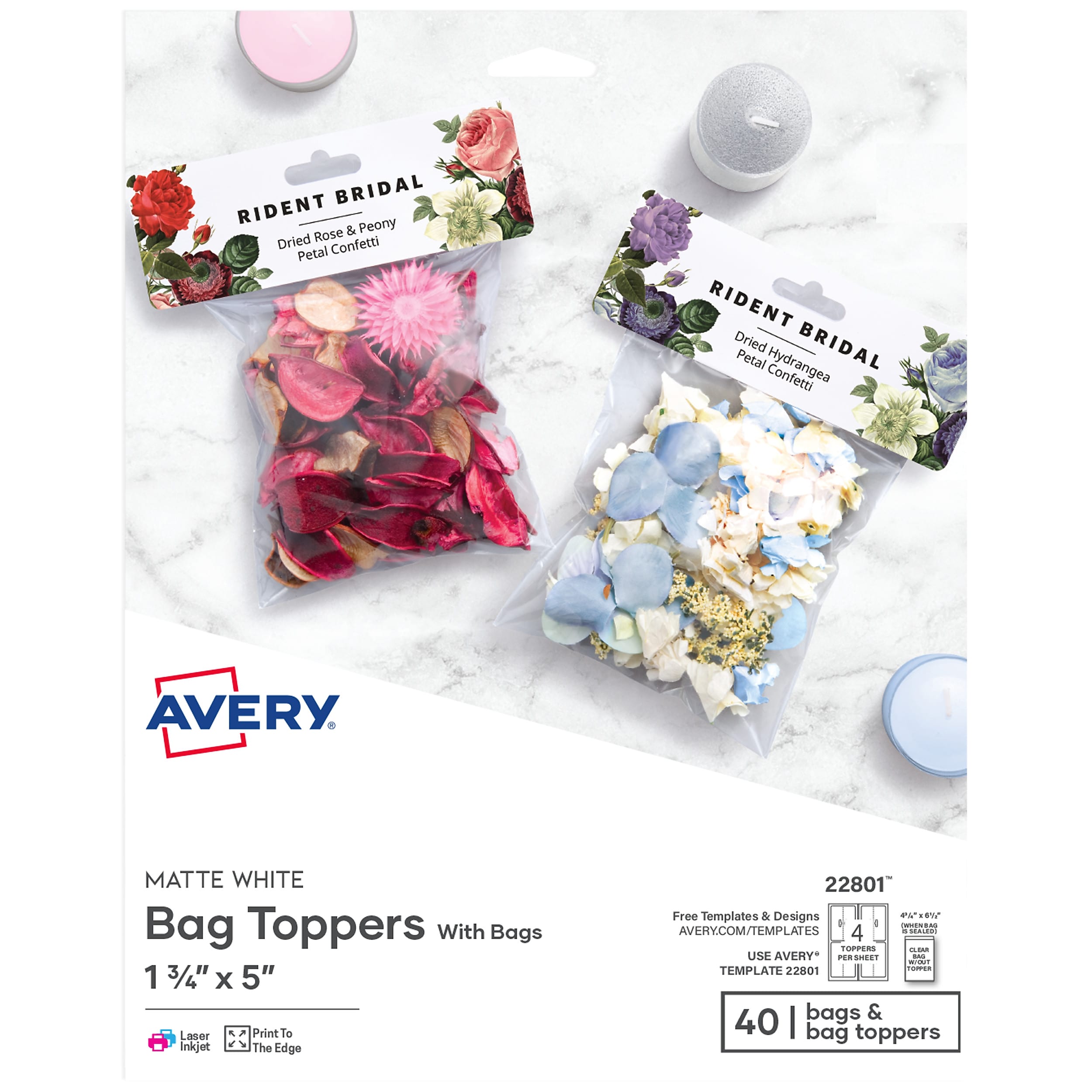Avery Laser/Inkjet Adhesive Bag Toppers with Bags, 1 3/4" x 5", White, 40 Labels & Bags/Pack (22801)