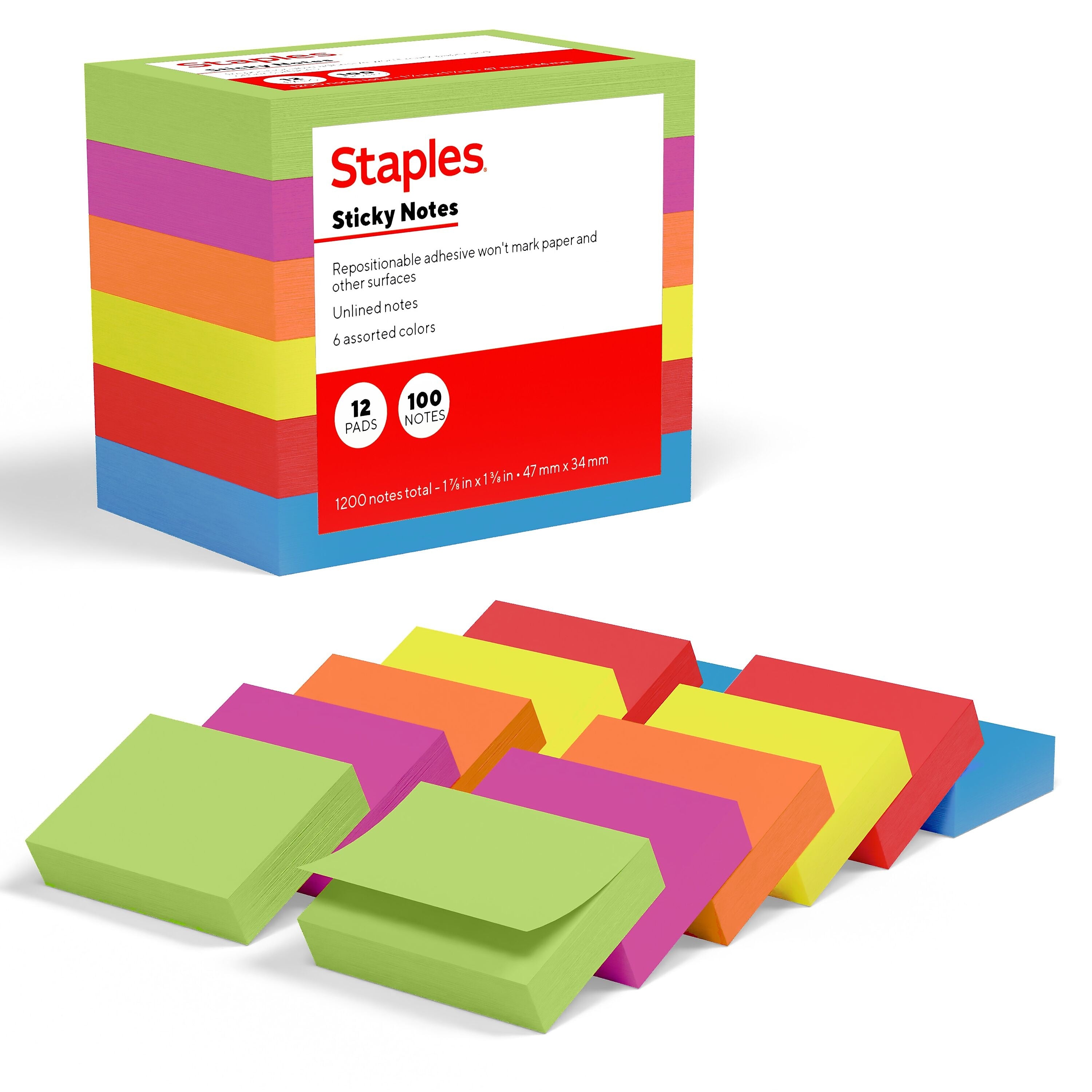 Staples Sticky Notes, 1 3/8" x 1 7/8", Summer Breeze Collection, 100 Sheets/Pad, 12 Pads/Pack (ST62862)