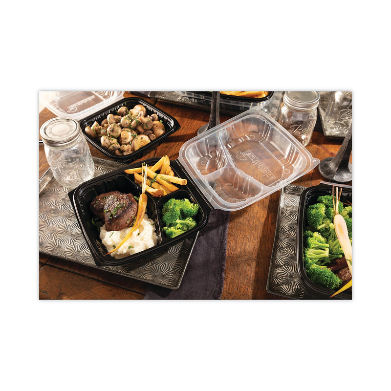 Pactiv Evergreen EarthChoice Vented Microwavable Hinged Lid Container, 3-Compartment Base/Lid, 34 oz, Blk/Clr, Plastic, 132/CT