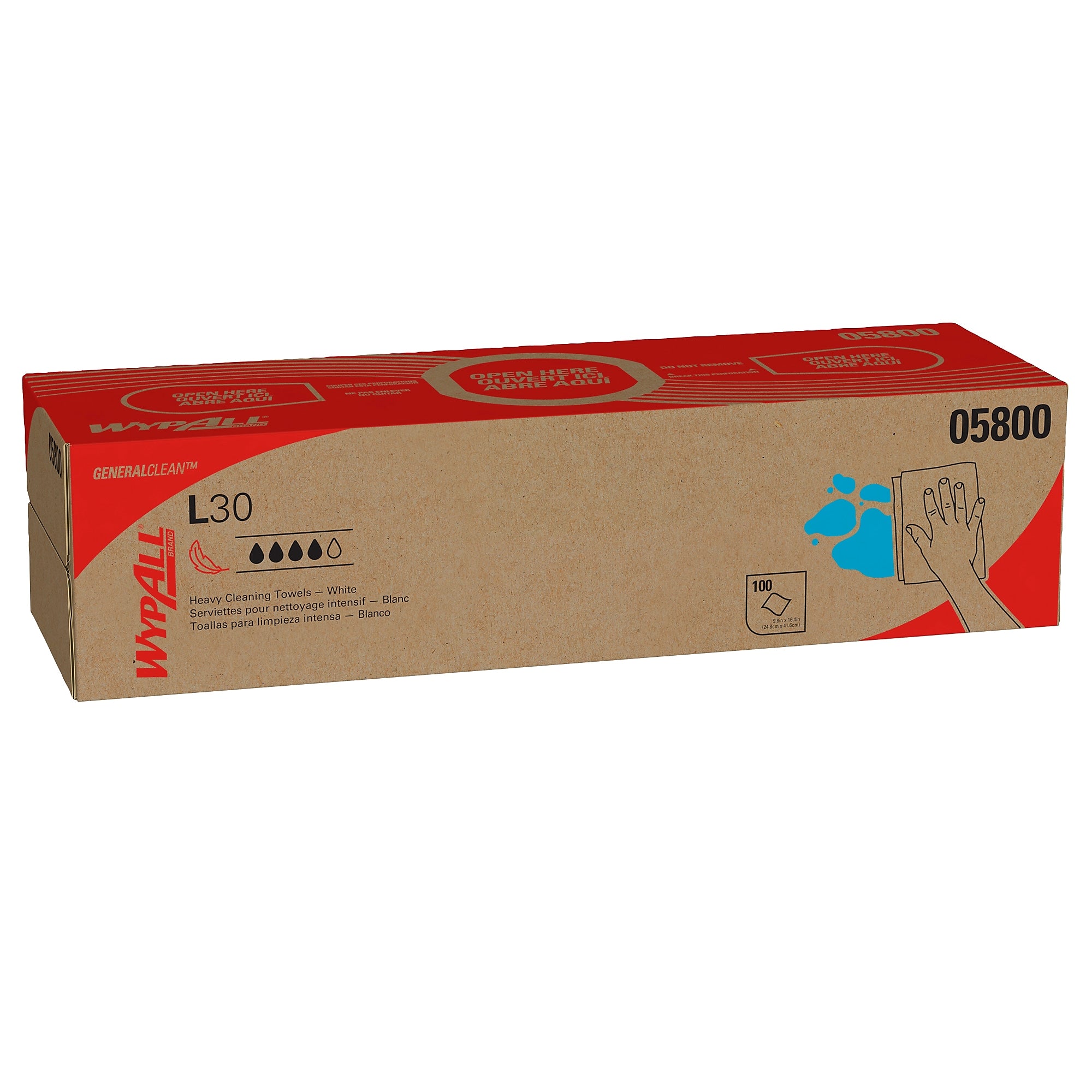 WypAll GeneralClean L30 Durable Fibers Cleaning Wipers, 9.8" x 16.4", White, 100 Wipers/Box, 8/Carton (05800)