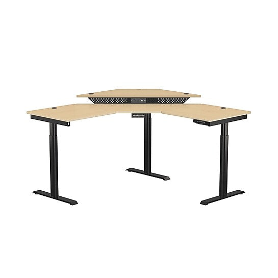 VersaDesk PowerLift 60"W Electric Corner Adjustable Standing Desk, Maple/Black (PLCSD6060-BM-APP)