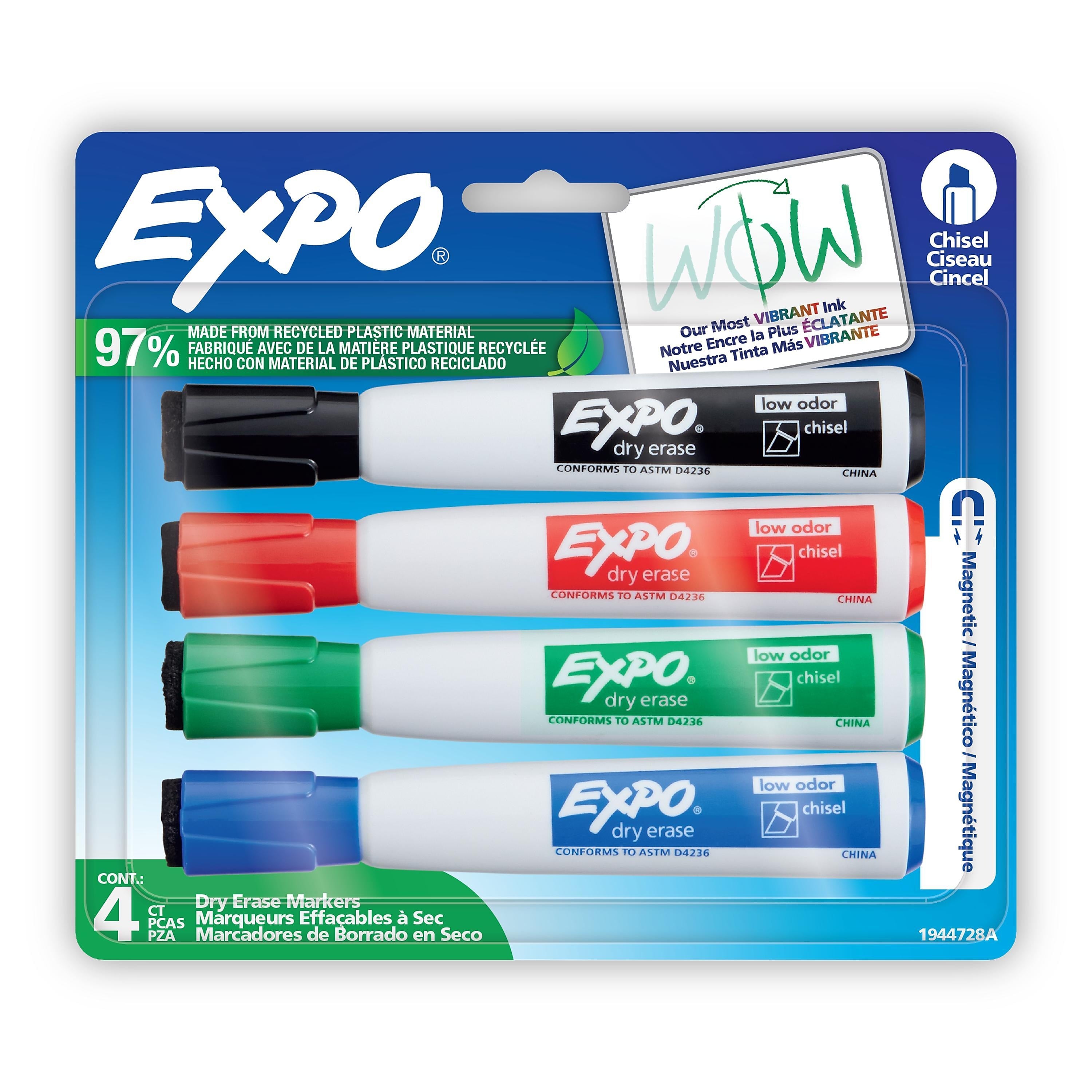 Expo Magnetic Dry Erase Markers, Chisel Tip, Assorted Colors, 4/Pack (1944728)
