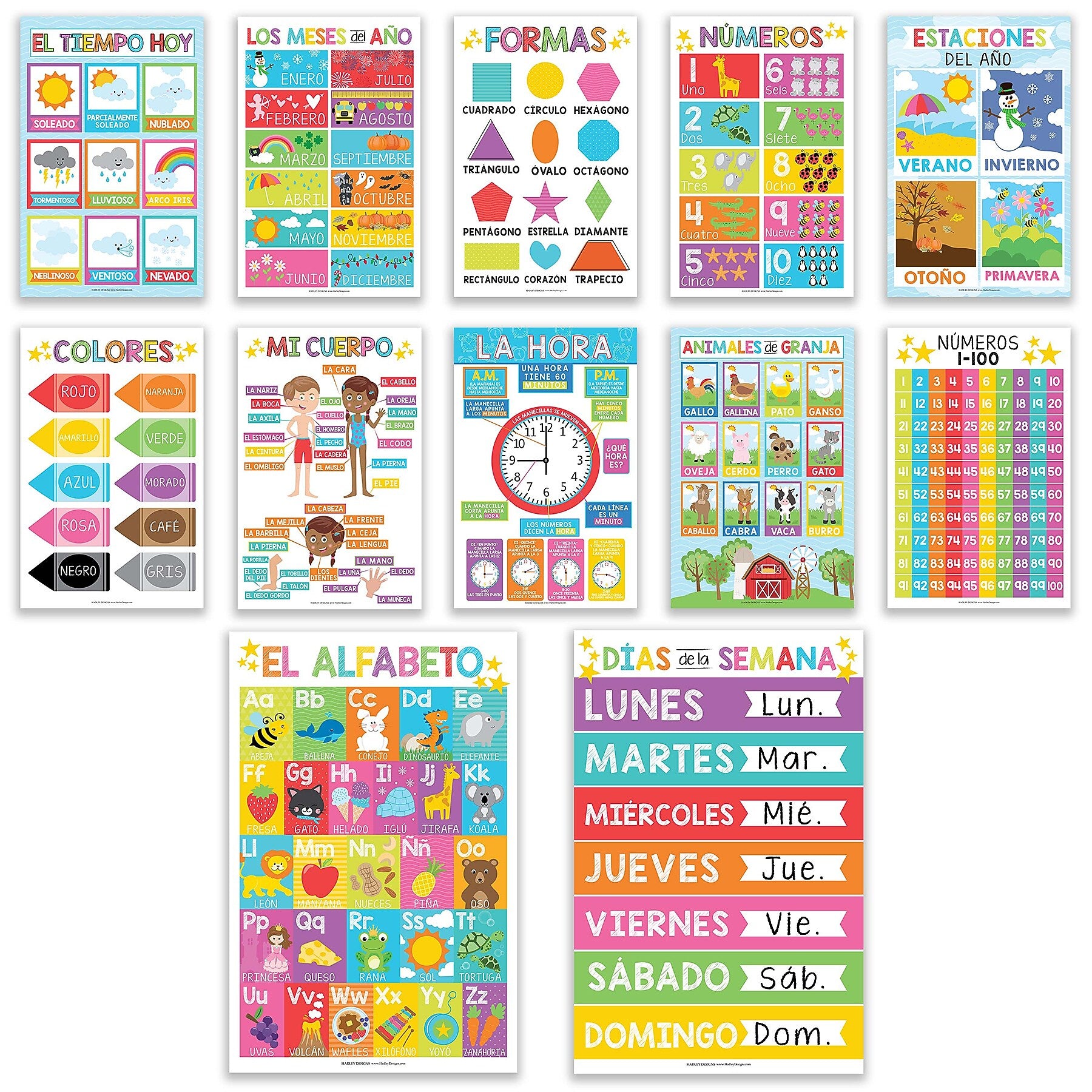 Hadley Designs 17" x 11"  Colorful Spanish Preschool Educational Posters, Laminated, 12/Set (HDDX004AH66RV)